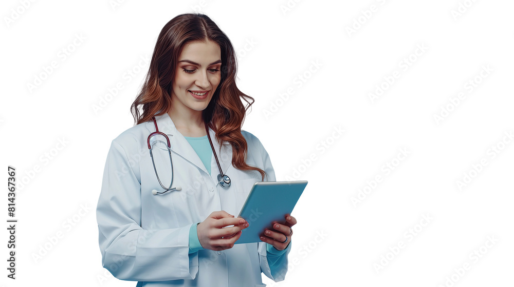 Beautiful mature female doctor in white coat holding digital tablet. Transparent, isolated on white. Beautiful mature female doctor in white coat holding digital tablet. Transparent, isolated on white.