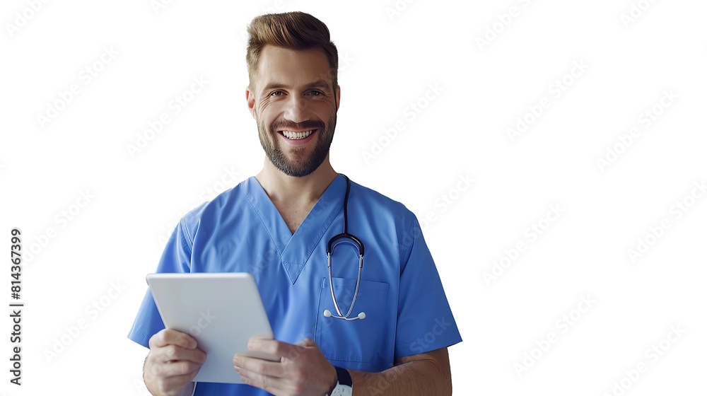 Cheerful handsome surgeon doctor man in blue uniform holding digital tablet computer, looking at camera, smiling. Transparent, isolated on white. Cheerful handsome surgeon doctor man in blue uniform holding digital tablet computer, looking at camera, smiling. Transparent, isolated on white.