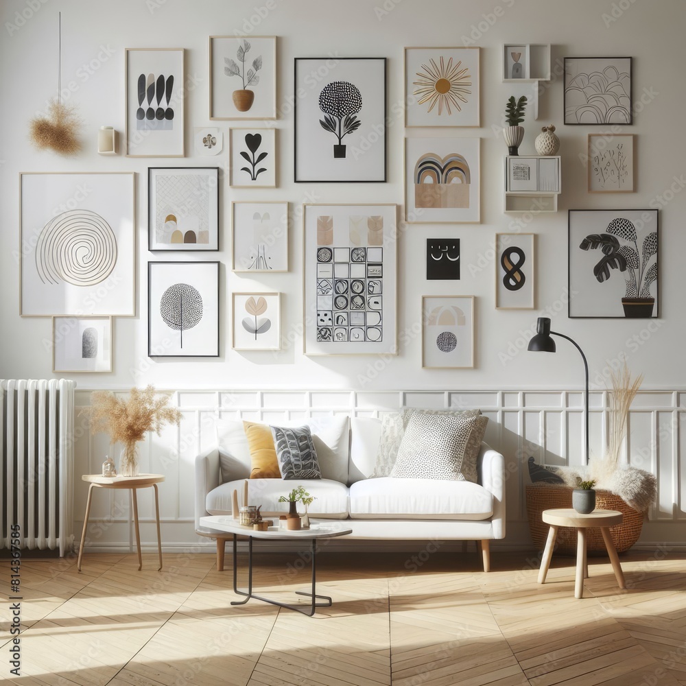 Obraz premium A Room with a template mockup poster empty white and with a couch and pictures on the wall image realistic attractive lively.