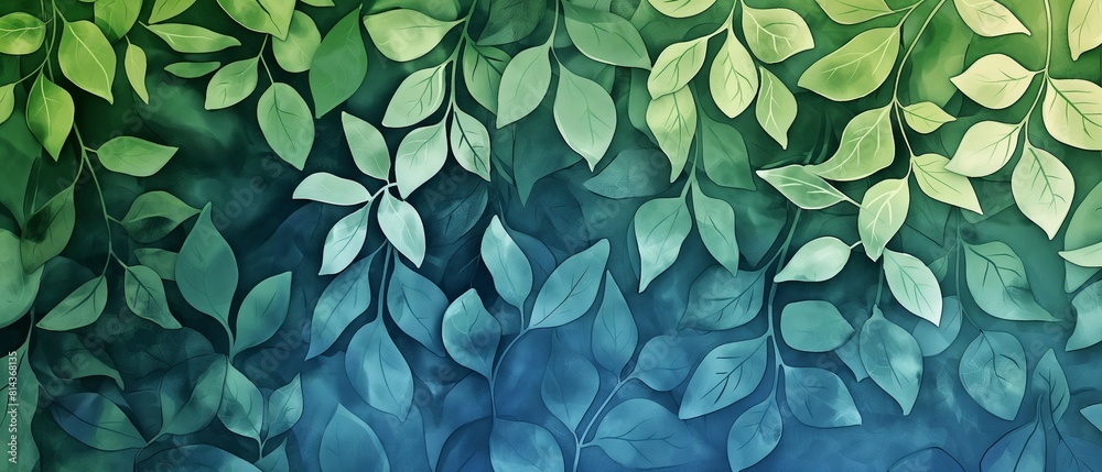 custom made wallpaper toronto digitalGreen and blue gradient, leaf landscape watercolor hand painting style