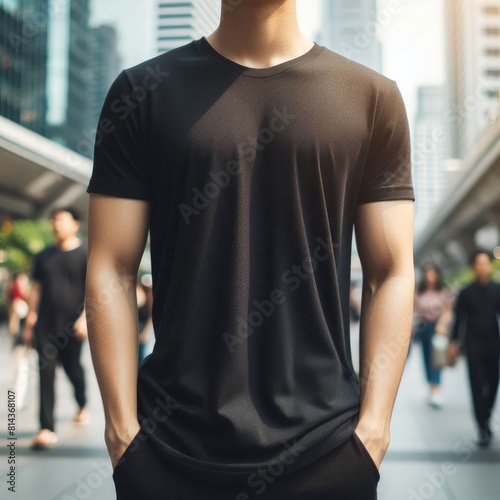 person wearing a black t-shirt standing outdoors with a blurred background featuring buildings and walking people, with natural daytime lighting