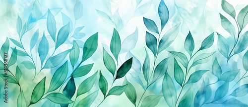 Green and blue gradient, leaf landscape watercolor hand painting style
