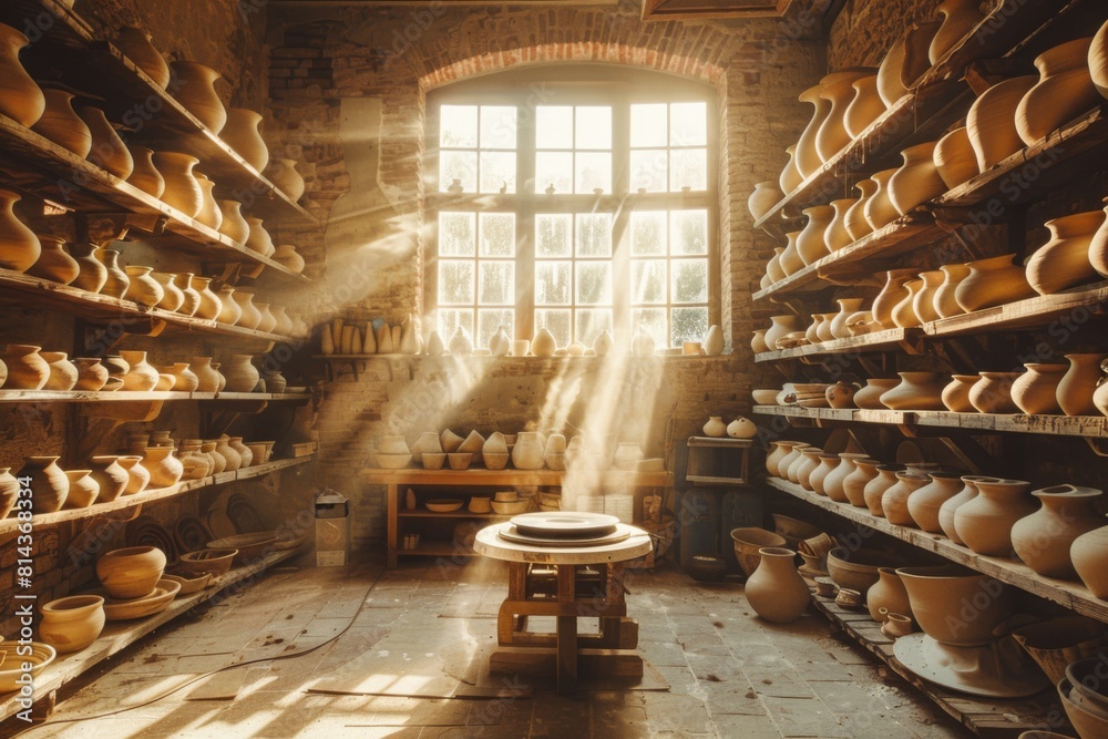 A clay potter's wheel surrounded by shelves of drying vases, showcasing the artistry of handmade ceramics in a sunlit studio A clay potter's wheel surrounded by shelves of drying vases, showcasing the artistry of handmade ceramics in a sunlit studio