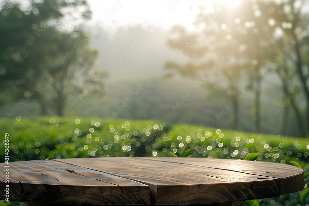 Fresh morning ambiance at tea plantation, empty wooden pedestal providing copy space for product display, with blurred background of tea leaves and sun rays Fresh morning ambiance at tea plantation, empty wooden pedestal providing copy space for product display, with blurred background of tea leaves and sun rays