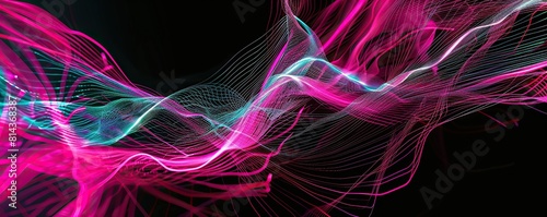 An expansive view of electric pink and bright turquoise lines weaving a dynamic plexus over a black background photo