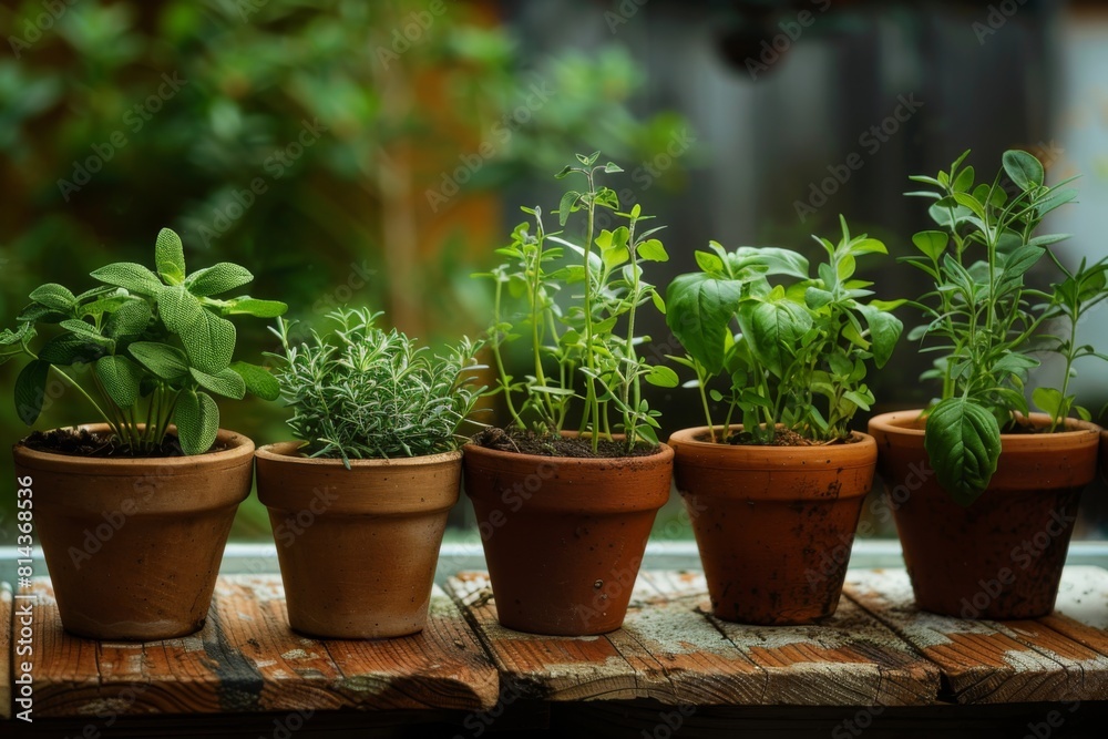 A cluster of miniature clay pots arranged on a windowsill herb garden, each containing a different culinary herb