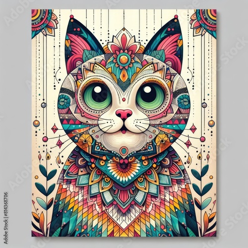 A colorful cat with ornate patterns art attractive card design illustrator.