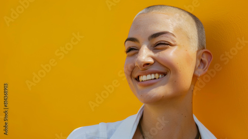 A woman with a shaved head is smiling, cancer patient with chemotherapy photo