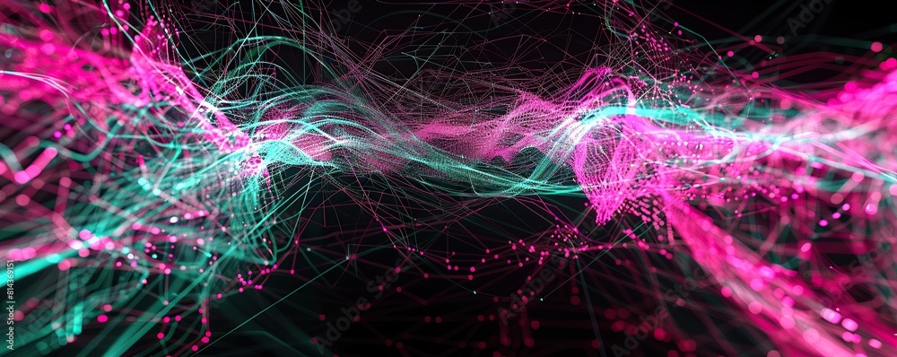 Obraz premium An expansive view of electric pink and turquoise lines weaving a dynamic plexus over a black background