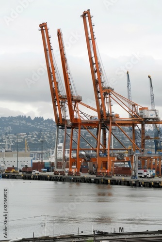 Harbor cranes towering over the waterfront, lifting heavy cargo from ships onto waiting trucks and trains, Generative AI