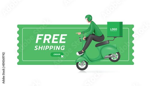 motorcycle or scooter food delivery rider in green uniform break his vehicle and points forward after seeing a free shipping promotion label, vector 3d isolated for delivery advertising concept design