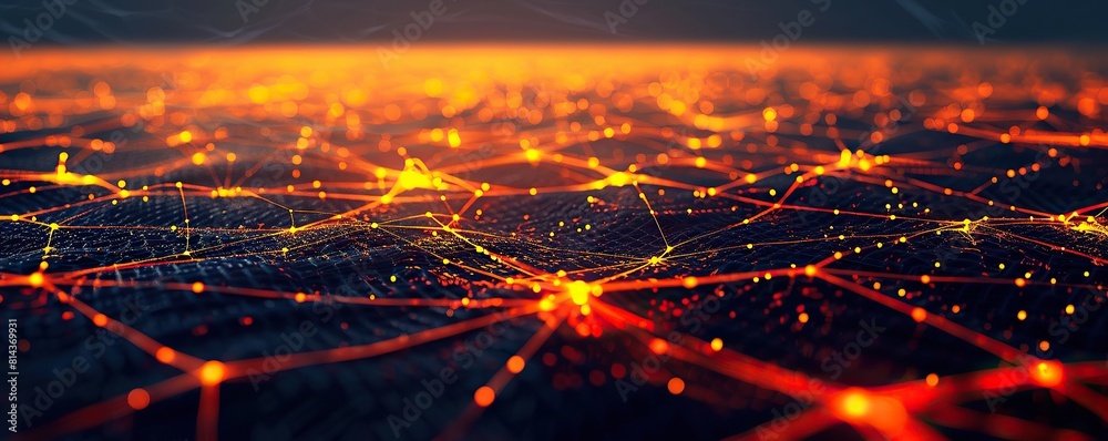 A broad design featuring a network of vibrant orange and yellow connections across a dark landscape A broad design featuring a network of vibrant orange and yellow connections across a dark landscape