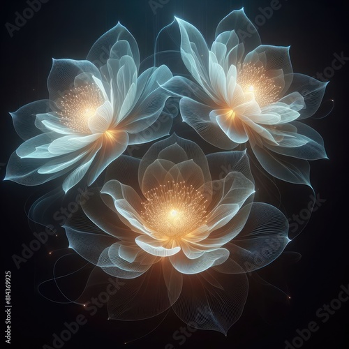 trio of translucent flowers with a glowing center, set against a dark background, delicate and ethereal petals, luminous and almost otherworldly appearance, intricate details suggesting a subtle inner