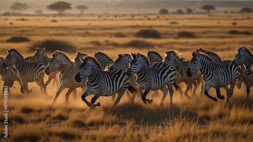 Herd of Zebras Galloping in Golden Savanna Light