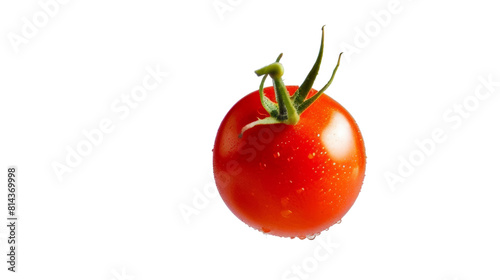 a single, perfectly ripe tomato, its skin glistening with dewdrops and its colors popping, Isolated on white background.