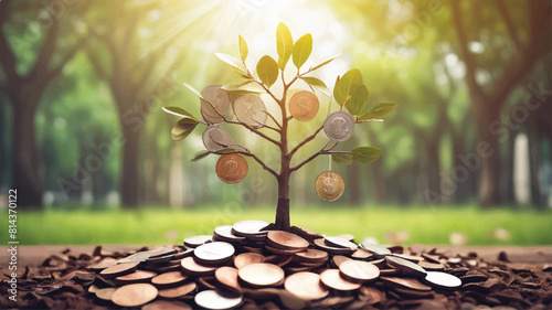 Coins on the tree. Business investment ideas coin tree planting and saving money tree coin tree money growth idea for bank or bank vector illustration.