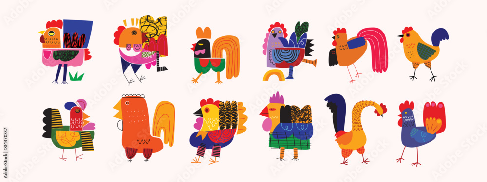 Fototapeta premium Artistic abstract geometric, decorative, shapes colorful chicken hen rooster set line art hand drawn vector illustration. Farm animal collection element icon character design.