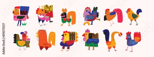 Artistic abstract geometric, decorative, shapes colorful chicken hen rooster set line art hand drawn vector illustration. Farm animal collection element icon character design.