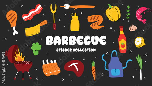 BBQ party sticker set. Barbecue or picnic tools.
