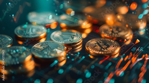 Bitcoin crypto currency gold coin and light bokeh background