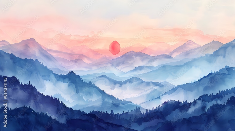 Breathtaking Panoramic Watercolor Landscape of Serene Mountain Range at Sunrise