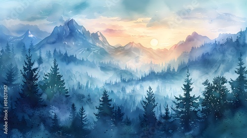 Majestic Mountain Range Landscape Bathed in Soft Pastel Dawn Light Evoking a Sense of Serene Tranquility