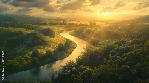 Serene Countryside Landscape with Meandering River Bathed in Warm Sunset Hues © Kwanjira