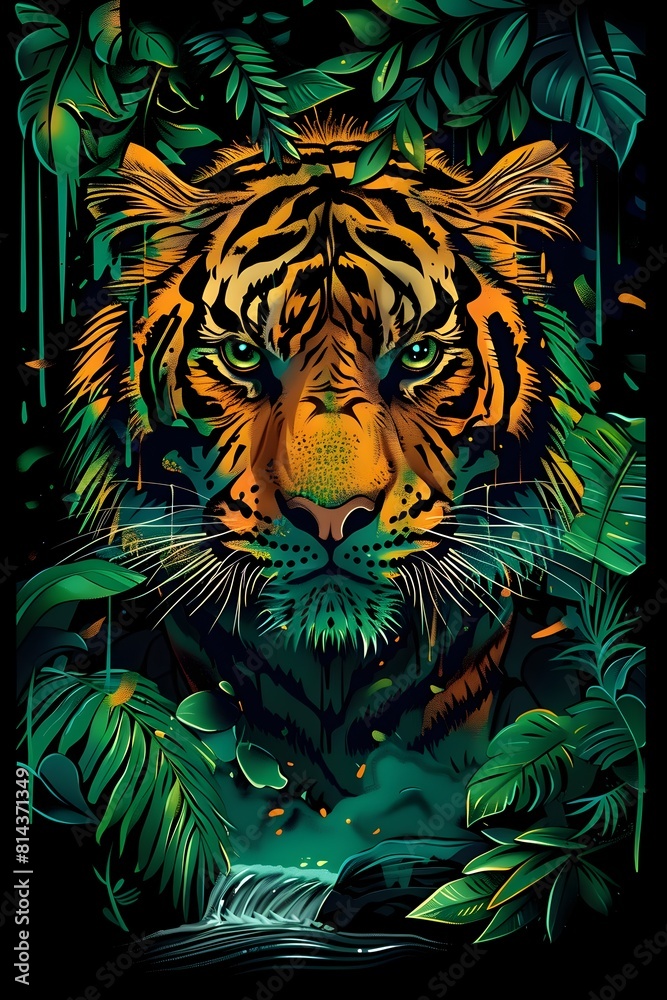 Fototapeta Majestic Tiger Prowling Through Lush Jungle Landscape with Vibrant Foliage and Cascading Waterfalls