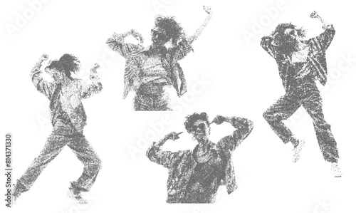 monochrome vector happy 80's woman dancing in mezzotint photocopy effect, for grunge punk y2k collage design. retro elements. brutalist vintage illustration music poster.