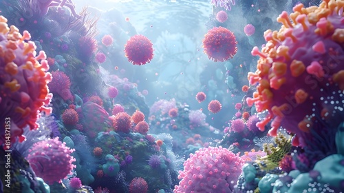 Serene Microscopic Landscape Depicting Immune Cell Warriors Safeguarding Bodily Fortress with Vibrant Harmony