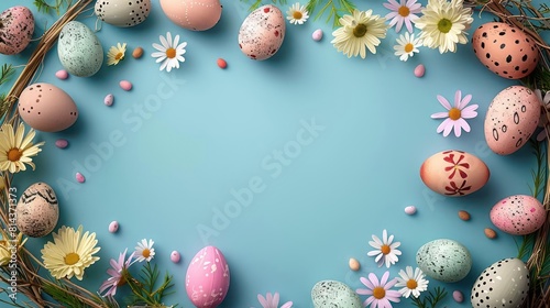 Easter Eggs and Flowers Decoration on Light Blue Backdrop