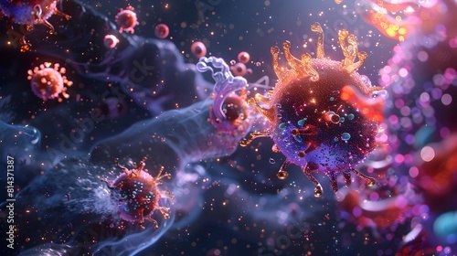 Captivating Aerial Perspective of Vibrant Immune Cells' Synchronized Dance of Defense © Kwanjira