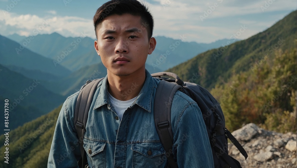 A young happy Chinese man with a tourist backpack stands on top of a rock in the mountains, travels and enjoys a beautiful view of the mountains, Tourism and travel. Conquest of the mountains. A young happy Chinese man with a tourist backpack stands on top of a rock in the mountains, travels and enjoys a beautiful view of the mountains, Tourism and travel. Conquest of the mountains.