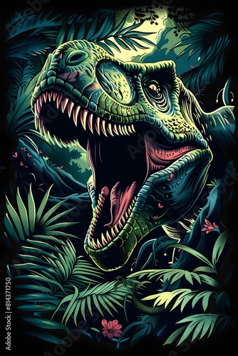 Mighty Tyrannosaurus Rex Roaring Amidst the Lush Jurassic Forest Canopy with Vibrant Synthwave Aesthetics