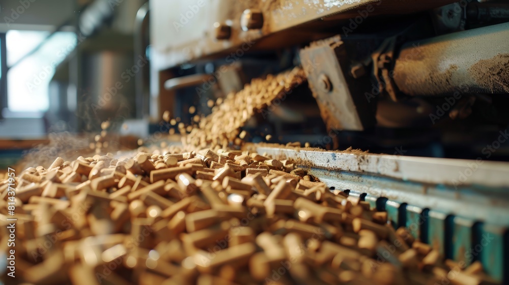 A close-up of biomass pellets being produced, details of the machinery and the pellets, focus on the technology and the clean energy solution. Created Using: Close-up style, detailed texture of A close-up of biomass pellets being produced, details of the machinery and the pellets, focus on the technology and the clean energy solution. Created Using: Close-up style, detailed texture of