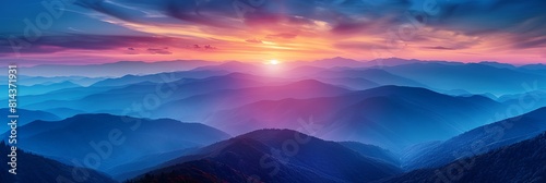 Mountain landscape with a dawn, an elongated format for the convenience of using it as a background realistic nature and landscape photo