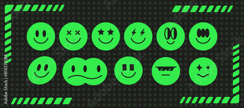 Geometric y2k trendy smile face figure set., vintage green neon cute emoji 90s form aesthetic, psychedelic acid avatar design, space groovy emoticon icon collection, cyber geometry element vector