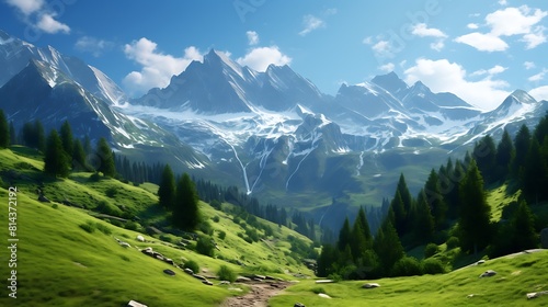 A majestic mountain peak towering above a serene alpine valley, with snow-capped peaks and lush green meadows stretching into the distance.