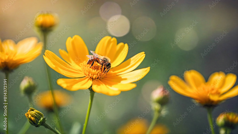 Honey bee and beautiful yellow flower, spring summer season, Wild nature landscape, banner, beauty in Nature. Honey bee on yellow flower collect pollen Honey bee and beautiful yellow flower, spring summer season, Wild nature landscape, banner, beauty in Nature. Honey bee on yellow flower collect pollen