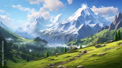 A majestic mountain peak towering above a serene alpine valley, with snow-capped peaks and lush green meadows stretching into the distance.