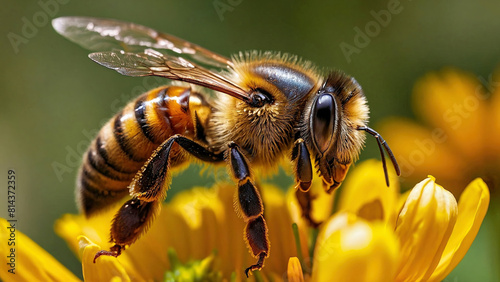 Honey bee and beautiful yellow flower, spring summer season, Wild nature landscape, banner, beauty in Nature. Honey bee on yellow flower collect pollen