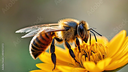 Honey bee and beautiful yellow flower, spring summer season, Wild nature landscape, banner, beauty in Nature. Honey bee on yellow flower collect pollen