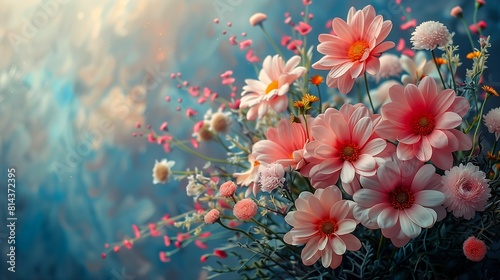 pink flowers vase table blurred dreamy illustration color gradients radiate connection daisies summer autumn soft blue lighting emotions underwater colors
