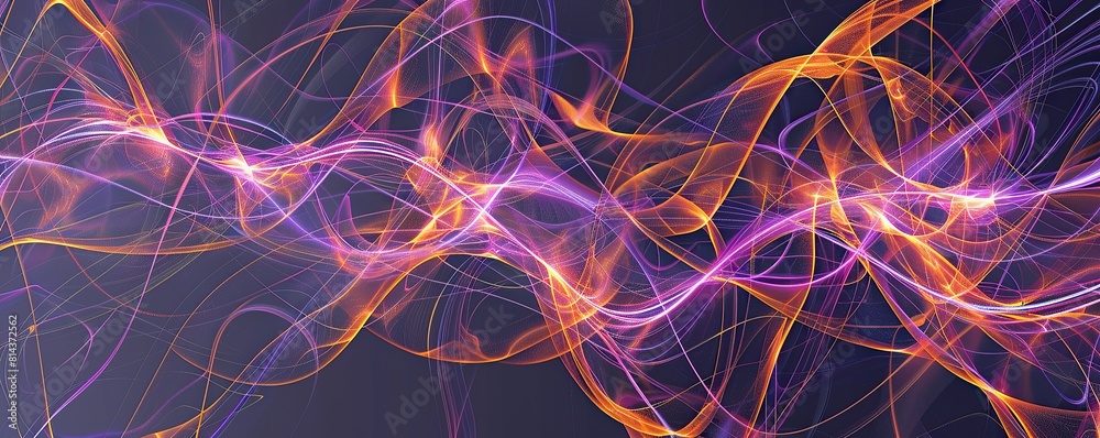 A panoramic arrangement of interconnected electric violet and bright orange plexus lines sweeping across a dark grey backdrop