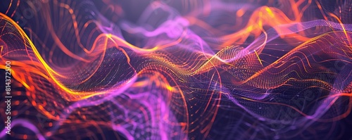 A panoramic arrangement of interconnected electric violet and bright orange plexus lines sweeping across a dark grey backdrop photo