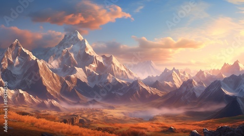 A majestic mountain range bathed in golden sunlight, with rugged peaks stretching into the distance under a clear blue sky.