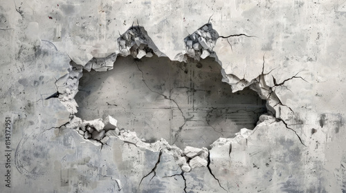Fototapeta Naklejka Na Ścianę i Meble -  Break through the wall, A jagged hole rupturing through a sturdy gray concrete wall, suggesting a forceful impact or deliberate breach. a powerful visual depiction of destruction or breakthrough.