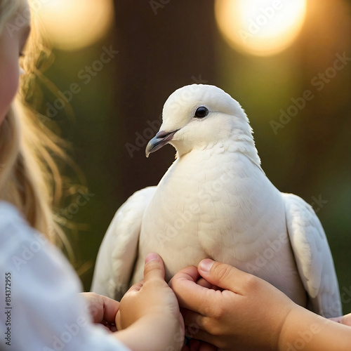 whit sunday, whit monday. a white dove held gently by multiple children's hands, symbolizing peace and hope, soft lighting, religious ceremony background
