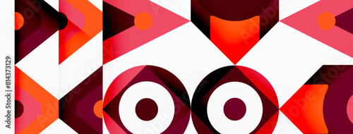 A vibrant geometric pattern featuring circles and triangles in red, magenta, and shades of pink on a white background. This textile design showcases symmetry and artistic flair