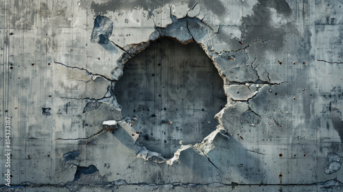 Break through the wall, A jagged hole rupturing through a sturdy gray concrete wall, suggesting a forceful impact or deliberate breach. a powerful visual depiction of destruction or breakthrough. © Wararat